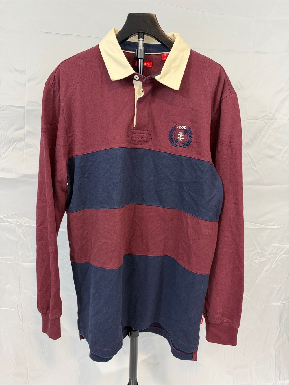 IZOD Mens L Rugby Shirt Long Sleeve Striped Burgundy Navy Blue White Collar